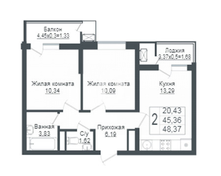 2-комнатная квартира (48.4 кв.м.)