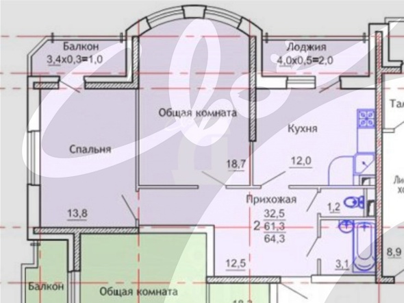 2-комнатная квартира (61.1 кв.м.)