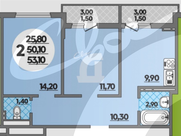 2-комнатная квартира (50 кв.м.)