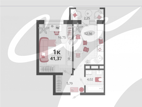 1-комнатная квартира (41.37 кв.м.)