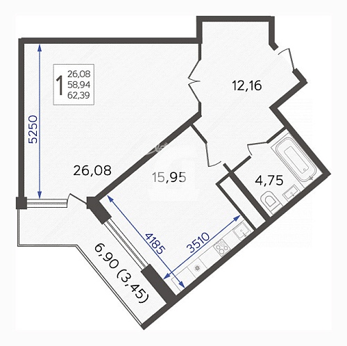 1-комнатная квартира (62.4 кв.м.)