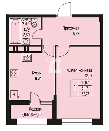 1-комнатная квартира (32.5 кв.м.)