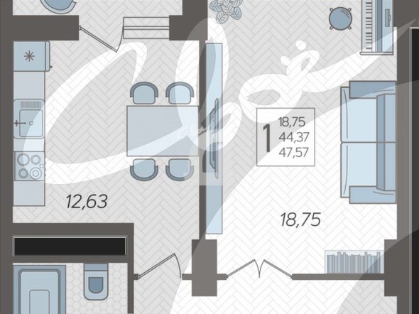 1-комнатная квартира (47.6 кв.м.)