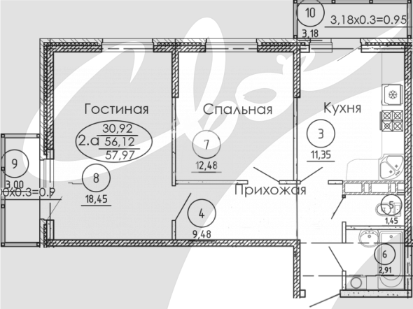 2-комнатная квартира (57.97 кв.м.)