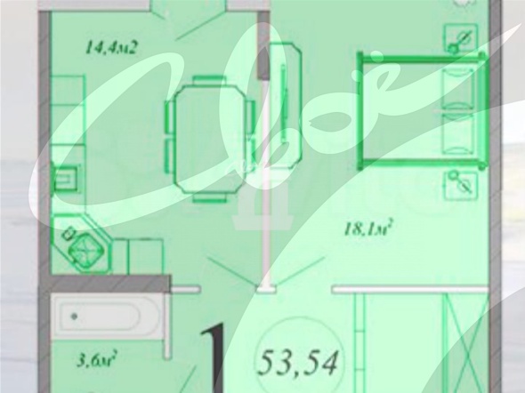 1-комнатная квартира (53.54 кв.м.)
