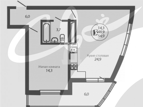 2-комнатная квартира (54.9 кв.м.)