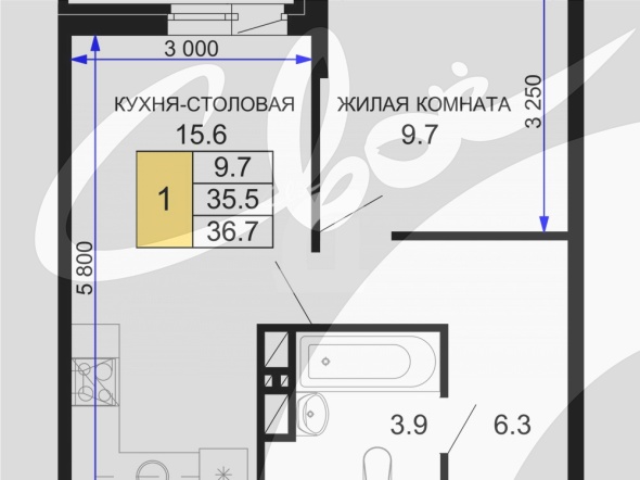 1-комнатная квартира (36.7 кв.м.)