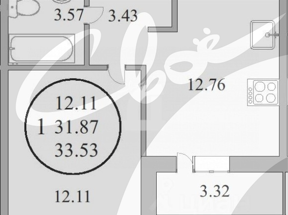 1-комнатная квартира (33.3 кв.м.)
