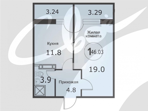 1-комнатная квартира (46.03 кв.м.)