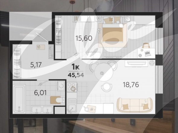 1-комнатная квартира (45.54 кв.м.)