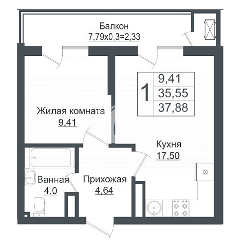 1-комнатная квартира (38 кв.м.)