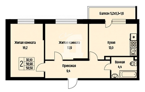 2-комнатная квартира (58.5 кв.м.)