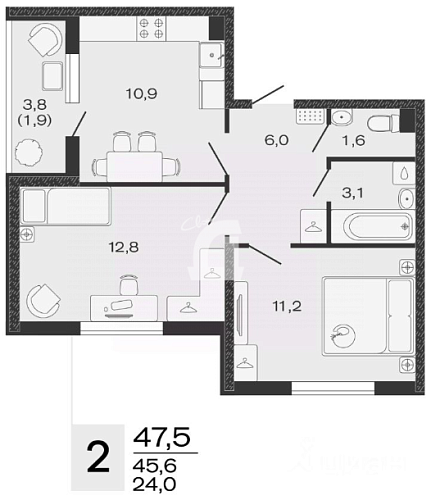 2-комнатная квартира (47.5 кв.м.)