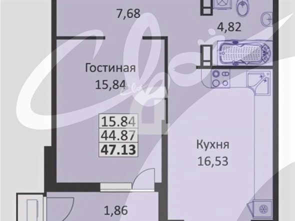 1-комнатная квартира (47.13 кв.м.)