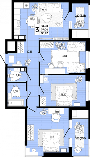 3-комнатная квартира (85.4 кв.м.)