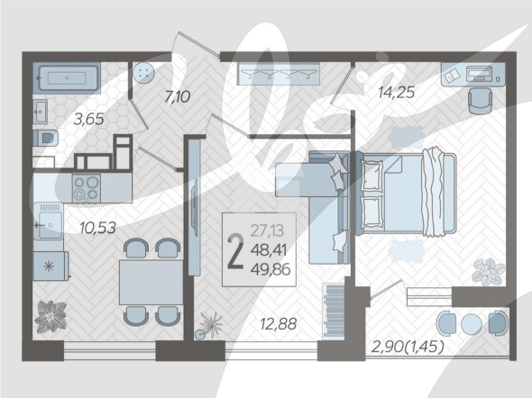 2-комнатная квартира (49.86 кв.м.)