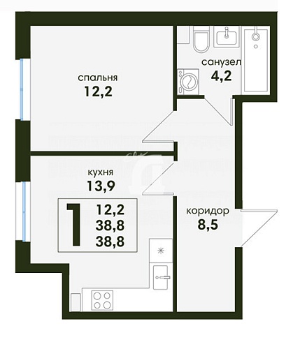 1-комнатная квартира (38.8 кв.м.)