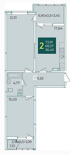 2-комнатная квартира (74 кв.м.)
