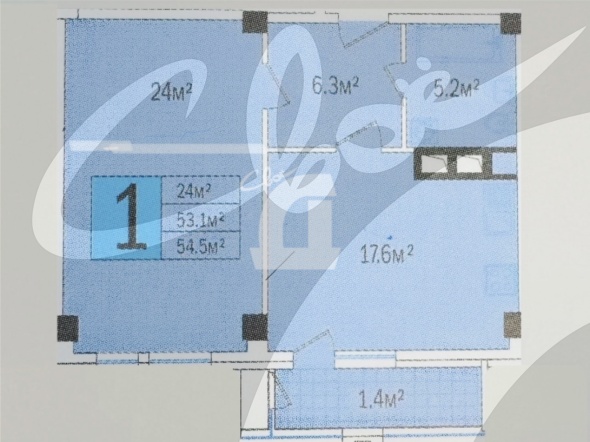 1-комнатная квартира (54.5 кв.м.)