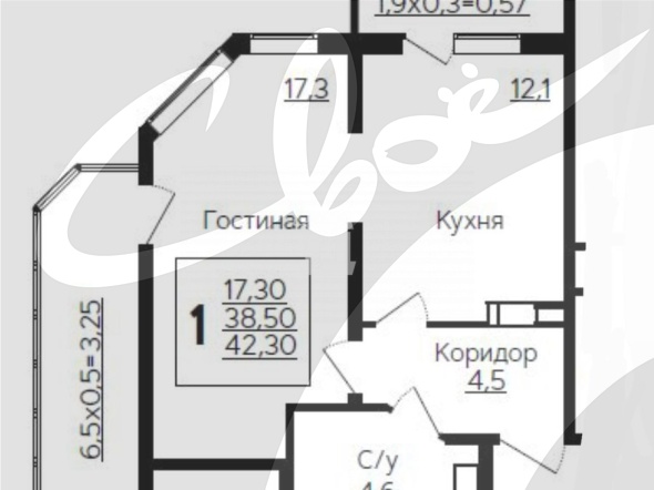 1-комнатная квартира (42.3 кв.м.)