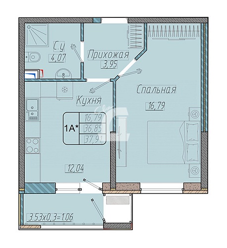1-комнатная квартира (38 кв.м.)
