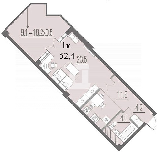 1-комнатная квартира (61.7 кв.м.)