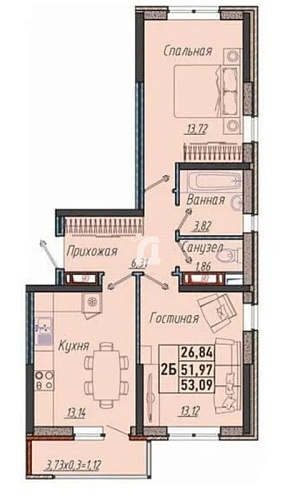 2-комнатная квартира (55 кв.м.)