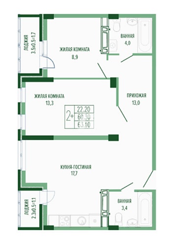 2-комнатная квартира (63.1 кв.м.)