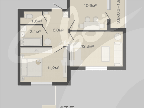 2-комнатная квартира (47.5 кв.м.)