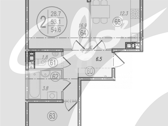 2-комнатная квартира (54.6 кв.м.)