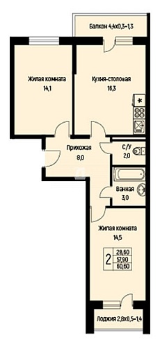 2-комнатная квартира (60.6 кв.м.)