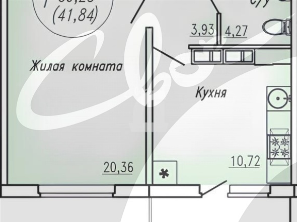 1-комнатная квартира (39.3 кв.м.)