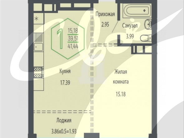 1-комнатная квартира (43.4 кв.м.)