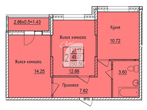 2-комнатная квартира (50.5 кв.м.)