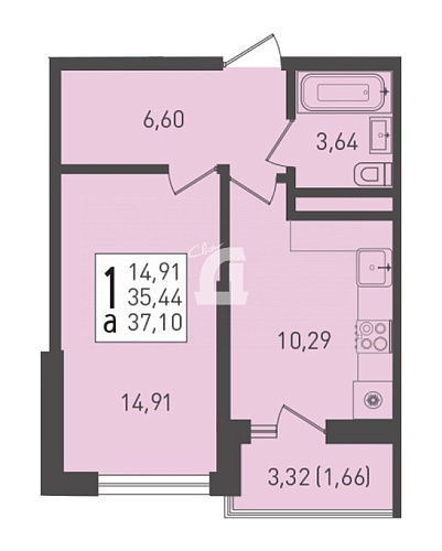 1-комнатная квартира (37.1 кв.м.)