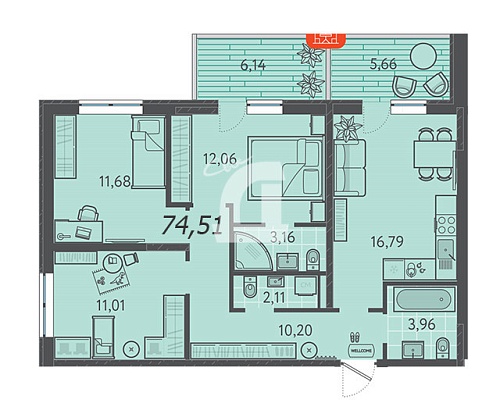 3-комнатная квартира (74.5 кв.м.)