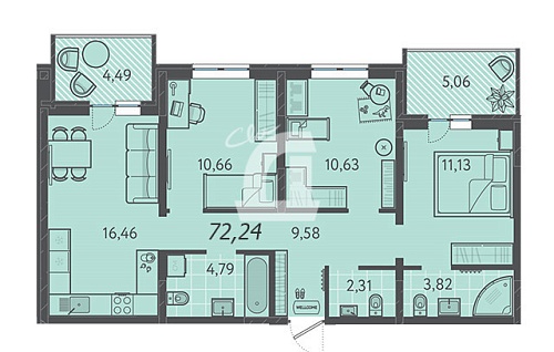 3-комнатная квартира (72.2 кв.м.)