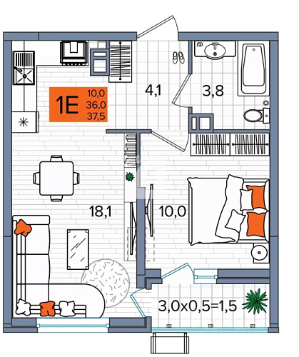 1-комнатная квартира (37.5 кв.м.)