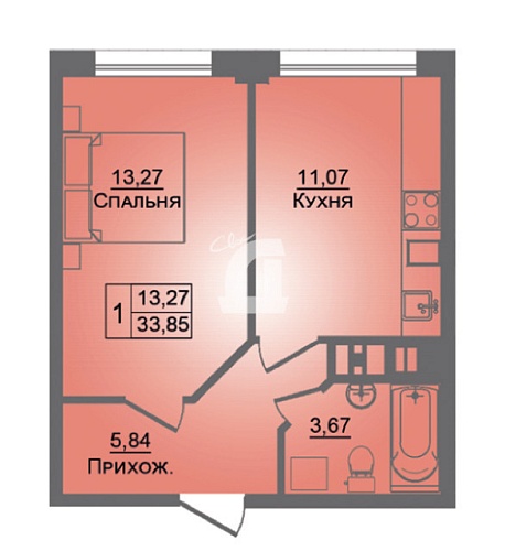 1-комнатная квартира (34 кв.м.)