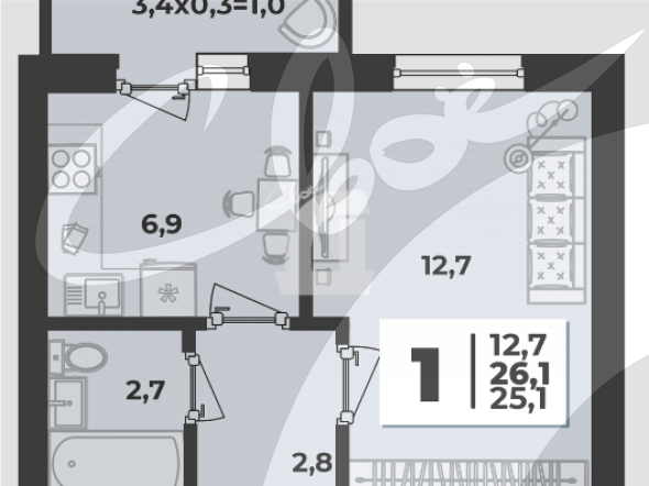 1-комнатная квартира (25.1 кв.м.)