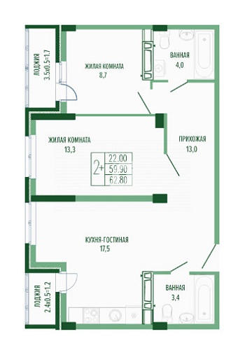 2-комнатная квартира (62.8 кв.м.)