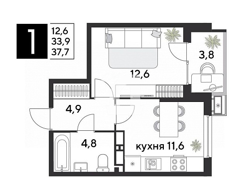 1-комнатная квартира (37.7 кв.м.)