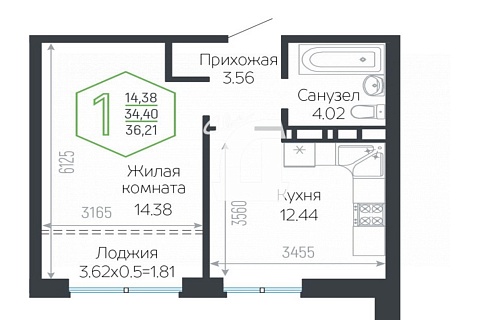 1-комнатная квартира (36.2 кв.м.)