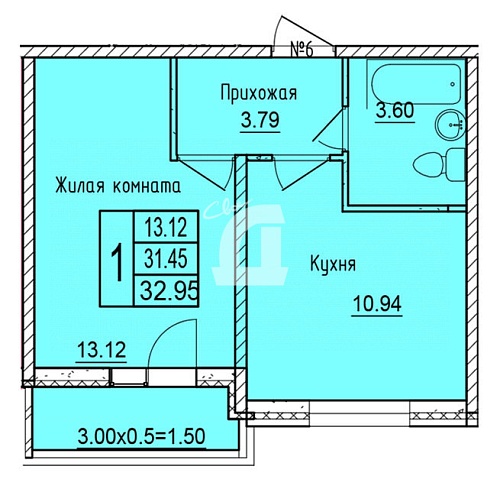 1-комнатная квартира (33 кв.м.)