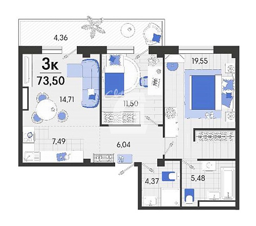 2-комнатная квартира (73.5 кв.м.)