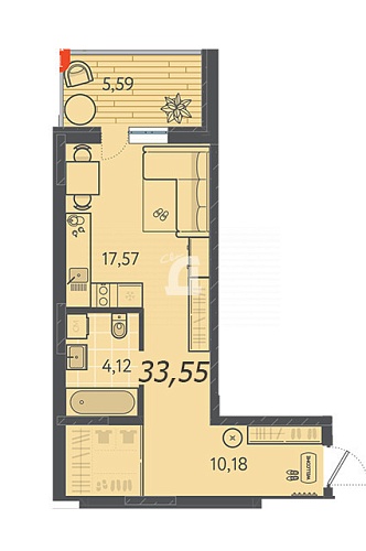 Студия (33.6 кв.м.)