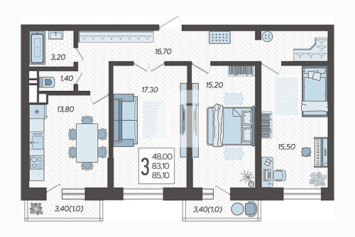 3-комнатная квартира (85 кв.м.)