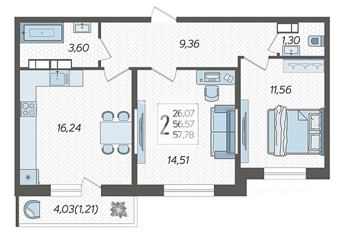 2-комнатная квартира (58 кв.м.)