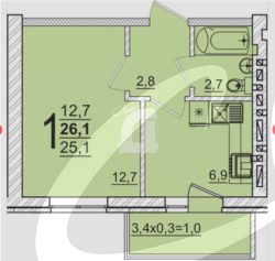 1-комнатная квартира (26.1 кв.м.)