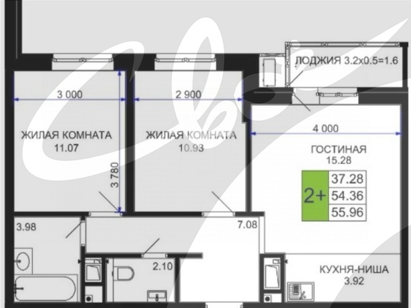 2-комнатная квартира (56 кв.м.)